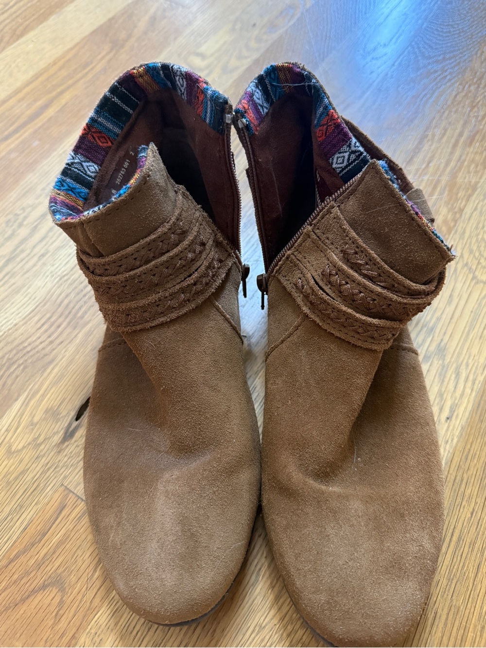 Minnetonka Brown Suede Ankle Booties with Patterned Lining